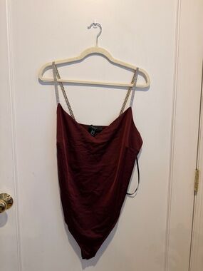 Forever 21 Wine Satin Bodysuit with Silver Chain Straps